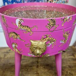 Hot Pink Tiger Round Bedside Table Gold Glitter Top . Fun Bright Home Decor Ideal For Nightstand Or Side Table. Comes With Inbuilt Drawer - thumbnail 2