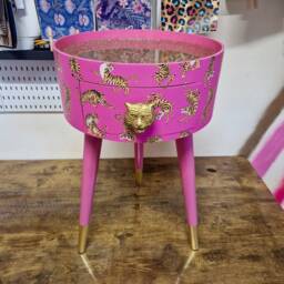 Hot Pink Tiger Round Bedside Table Gold Glitter Top . Fun Bright Home Decor Ideal For Nightstand Or Side Table. Comes With Inbuilt Drawer