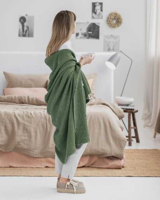 Forest Green Waffle Linen Blanket - Deep Sofa Throw Cozy Couch Cover Natural Stonewashed Bed Earthy Home Decor Layer - image 1