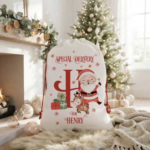 Personalised Initial Holiday Sack, Custom Santa Stocking, Linen Gift Pouch, Ceramic Bauble - image 1