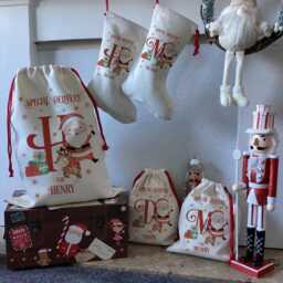 Personalised Initial Holiday Sack, Custom Santa Stocking, Linen Gift Pouch, Ceramic Bauble - thumbnail 2
