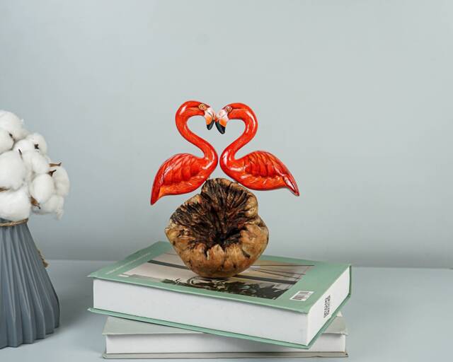 Couple Flamingo Statue, Painted Sculpture, Wood Carving Figure, Red Bird Table Decor, Wedding Gift For Him, Loving - image 1