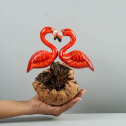 Couple Flamingo Statue, Painted Sculpture, Wood Carving Figure, Red Bird Table Decor, Wedding Gift For Him, Loving - thumbnail 4