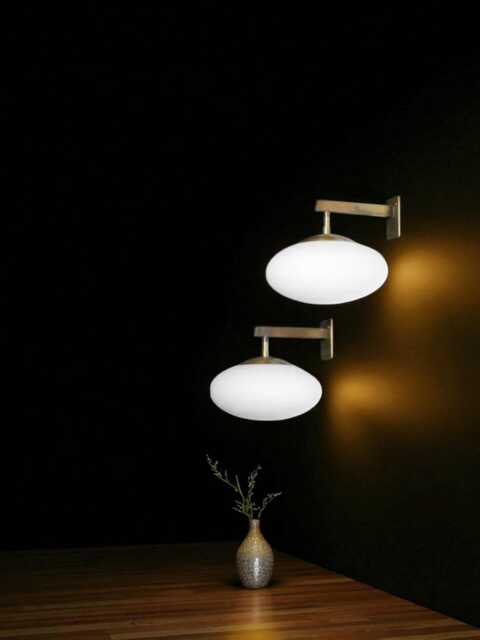 1950's Pair Of Modern Italian Sconce Opalin Brass Glass Wall Lamp Lighting Farmhouse Fixture - image 1