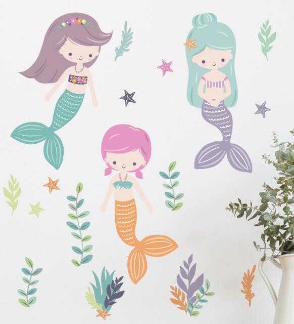 Three Mermaids Wall Sticker Decal - Kids Stickers, Animals Childrens Decals, Art, Room, Girl, Boy