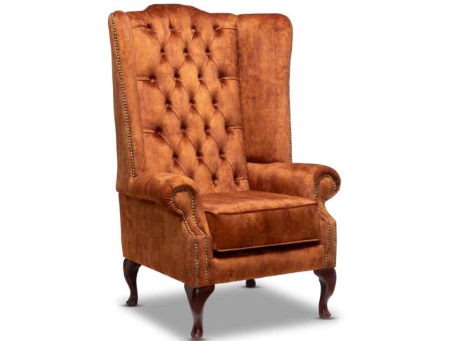 British Made Chesterfield Extra High Back Wing Chair in Vintage Tan Velvet - image 1
