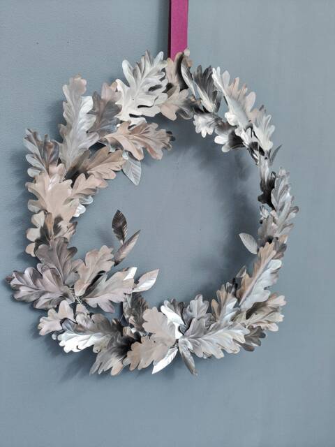 Handcrafted Silver Steel Oak Leaf Wreath - All Season Festive Decor - image 1