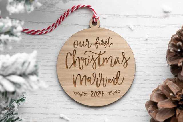 Our First Christmas Married 2025 Ornament - Wooden Laser Cut Tree Decoration