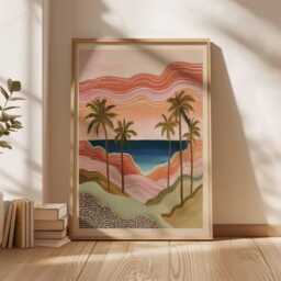 Coastal Sunset Poster, Boho Palm Tree Wall Art, Abstract Beach Landscape Print, Warm Tropical Home Decor, Modern Ocean View Poster - thumbnail 3