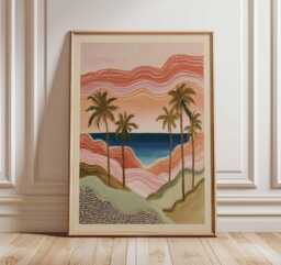 Coastal Sunset Poster, Boho Palm Tree Wall Art, Abstract Beach Landscape Print, Warm Tropical Home Decor, Modern Ocean View Poster - thumbnail 1