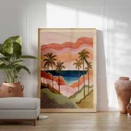 Coastal Sunset Poster, Boho Palm Tree Wall Art, Abstract Beach Landscape Print, Warm Tropical Home Decor, Modern Ocean View Poster - thumbnail 2