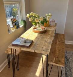 Reclaimed Wood Dining Table & Bench With Steel Hairpin Legs - thumbnail 1