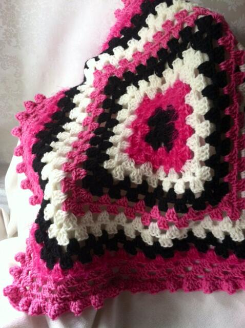 Crochet Baby Blanket, Granny Square, Hot Pink Black White Blanket - image 1