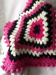 Crochet Baby Blanket, Granny Square, Hot Pink Black White Blanket - thumbnail 1