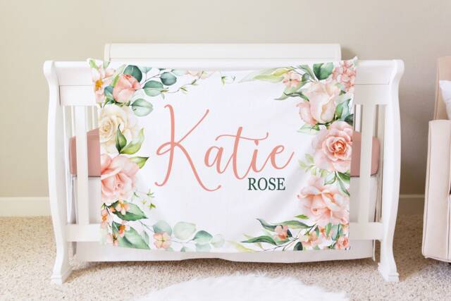 Pink Floral Personalized Baby Blanket, Custom Shower Gift, Boho Nursery Crib Hospital - image 1