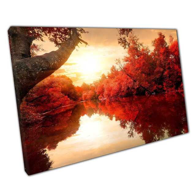 Autumn River Edge Canvas Print Red Leaf Trees Wall Art Tranquil Home Office Decor - image 1