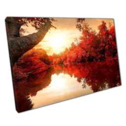 Autumn River Edge Canvas Print Red Leaf Trees Wall Art Tranquil Home Office Decor - thumbnail 1