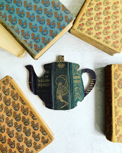 Vintage Book Spine Wall Hanging - Handmade With Vintage Book Dust Jacket Spines Silhouette, Mermaid, Custom States, Teapot Shapes - image 1