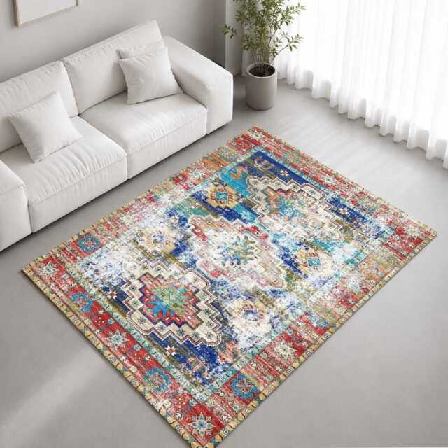 Distressed Blue Red Tribal Medallion Rug Non-Slip Soft Area Carpet Bedroom Living Room Hallway Mat Decor - Made in UK - image 1