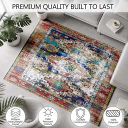 Distressed Blue Red Tribal Medallion Rug Non-Slip Soft Area Carpet Bedroom Living Room Hallway Mat Decor - Made in UK - thumbnail 3