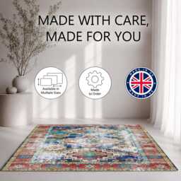 Distressed Blue Red Tribal Medallion Rug Non-Slip Soft Area Carpet Bedroom Living Room Hallway Mat Decor - Made in UK - thumbnail 2