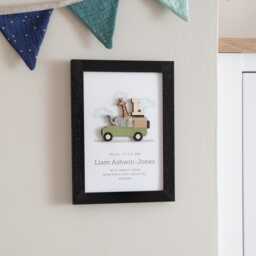 Safari Truck New Baby Initial Print - Christening Gift For Boys Girls Themed Nursery Children's Bedroom Wall - thumbnail 2