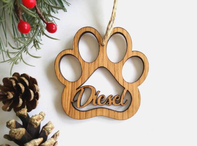 Paw Print Decoration - Personalised Pet Oak Cut Out Name Christmas Tree - image 1