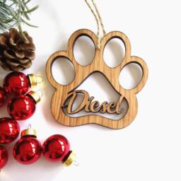 Paw Print Decoration - Personalised Pet Oak Cut Out Name Christmas Tree - thumbnail 2
