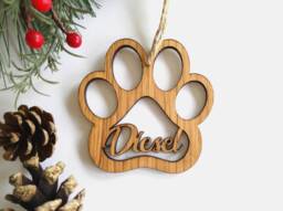 Paw Print Decoration - Personalised Pet Oak Cut Out Name Christmas Tree - thumbnail 1