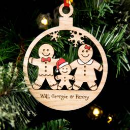 Family Christmas Tree Decorations, Personalised Bauble, Wood Engraved Xmas Ornament, Gingerbread - thumbnail 1