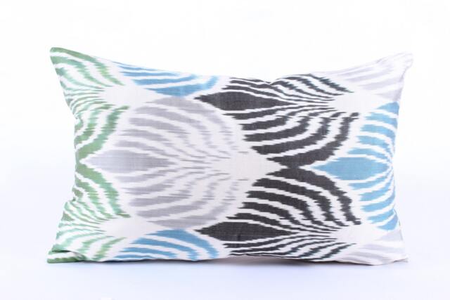 Ikat Silk Velvet Pillow 16x24 - Handmade Boho Cushion Cover Turkish Home Decor Accent - image 1