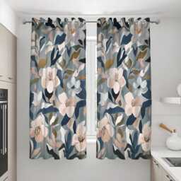 Modern Botanical Curtains, Navy Blue & Beige Floral Drapes, Abstract Leaf Print Panels, Custom Made Eyelet Or Rod Pocket Curtains - thumbnail 3
