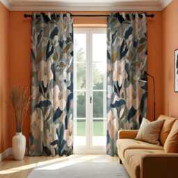 Modern Botanical Curtains, Navy Blue & Beige Floral Drapes, Abstract Leaf Print Panels, Custom Made Eyelet Or Rod Pocket Curtains - thumbnail 2