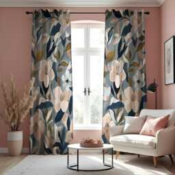 Modern Botanical Curtains, Navy Blue & Beige Floral Drapes, Abstract Leaf Print Panels, Custom Made Eyelet Or Rod Pocket Curtains