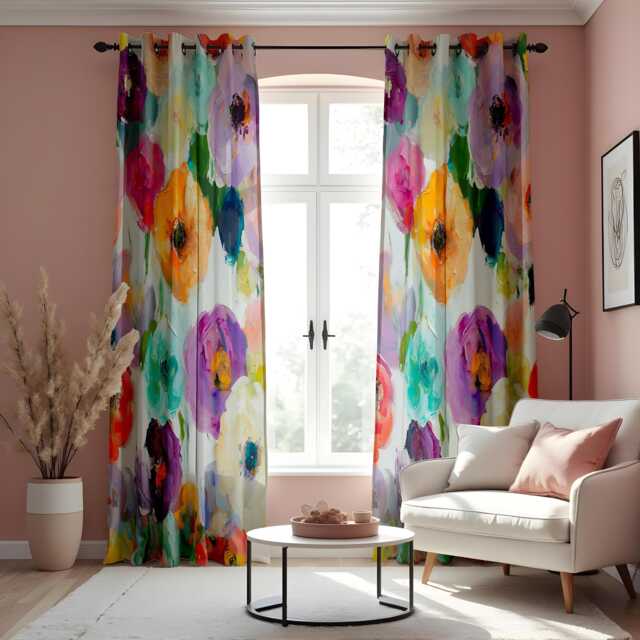 Watercolor Floral Curtains, Vibrant Multicolor Painted Flower Print Drapes, Blooming Window Treatment, Custom Length Panels - image 1