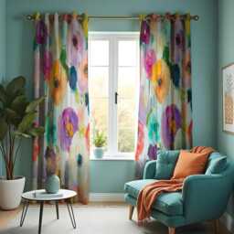 Watercolor Floral Curtains, Vibrant Multicolor Painted Flower Print Drapes, Blooming Window Treatment, Custom Length Panels - thumbnail 3
