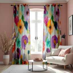 Watercolor Floral Curtains, Vibrant Multicolor Painted Flower Print Drapes, Blooming Window Treatment, Custom Length Panels - thumbnail 1