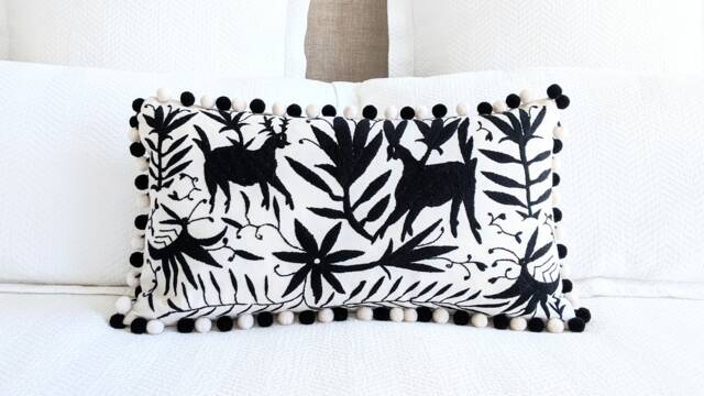 Custom Otomi Pom Lumbar Pillow Cover Hand Embroidered - Black Textile - image 1