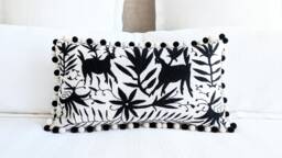 Custom Otomi Pom Lumbar Pillow Cover Hand Embroidered - Black Textile - thumbnail 1