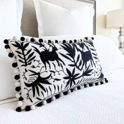 Custom Otomi Pom Lumbar Pillow Cover Hand Embroidered - Black Textile - thumbnail 2