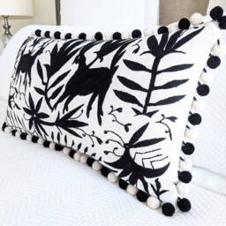 Custom Otomi Pom Lumbar Pillow Cover Hand Embroidered - Black Textile - thumbnail 3