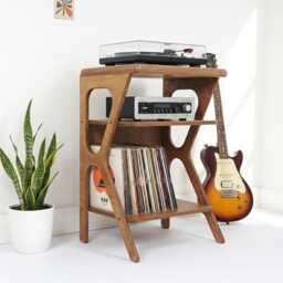 Mid Century Record Stand With Storage, Retro Modern Vinyl Cabinet, Turntable & Stereo Console - thumbnail 3