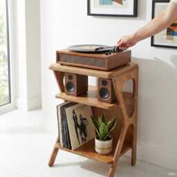 Mid Century Record Stand With Storage, Retro Modern Vinyl Cabinet, Turntable & Stereo Console - thumbnail 2