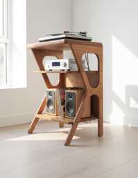 Mid Century Record Stand With Storage, Retro Modern Vinyl Cabinet, Turntable & Stereo Console - thumbnail 1