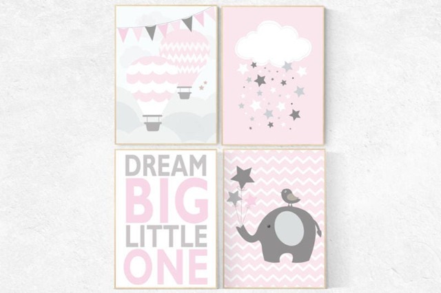 Pink Elephant Nursery Decor Dream Big, Cloud & Stars Art Print - image 1