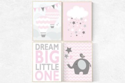 Pink Elephant Nursery Decor Dream Big, Cloud & Stars Art Print - thumbnail 1