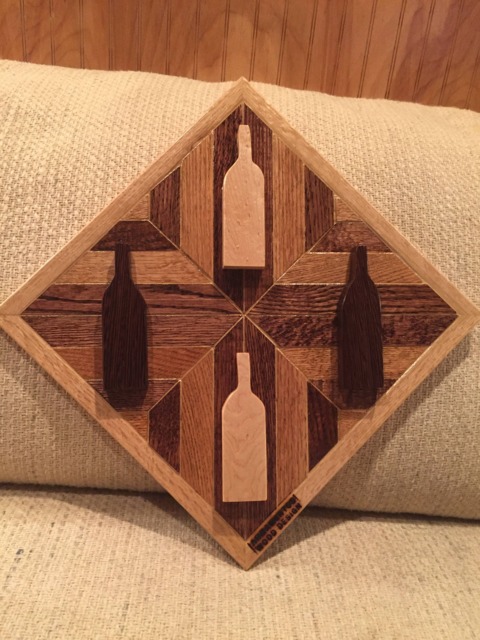 Wood Wall Art Sculpture Featuring 2 Wenge & Maple Hand Cut Wine Bottle Set in Geometrically Arranged & Stained Oak - image 1