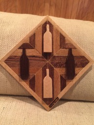 Wood Wall Art Sculpture Featuring 2 Wenge & Maple Hand Cut Wine Bottle Set in Geometrically Arranged & Stained Oak