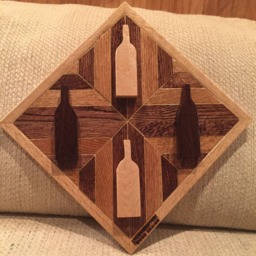 Wood Wall Art Sculpture Featuring 2 Wenge & Maple Hand Cut Wine Bottle Set in Geometrically Arranged & Stained Oak - thumbnail 2