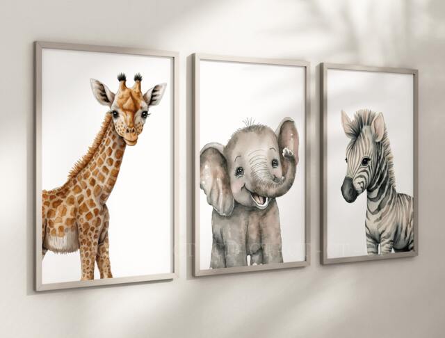 Safari Elephant Giraffe Zebra Animal Baby Girls Boys A4 Or A3 Nursery Set Of Unframed Prints Unisex Neutral Boho Beige Jungle - image 1